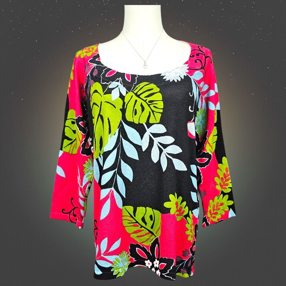 Joseph A Tropical Floral Knit Sweater Top Large Resort Coastal Botanical Bright